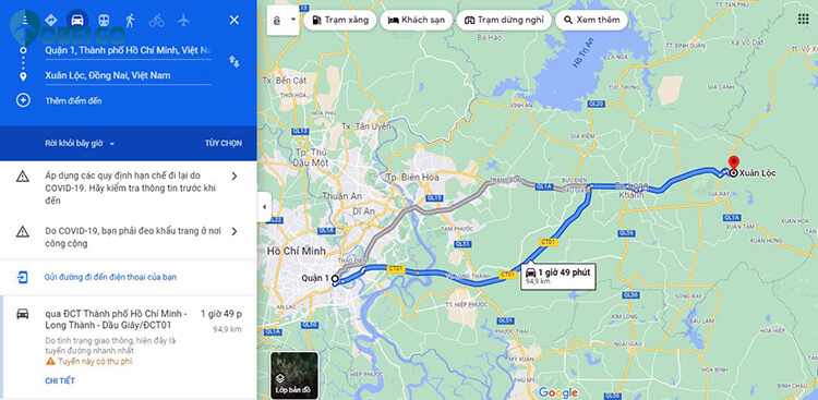 bản đồ di chuyển du lịch Xuân Lộc Đồng Nai